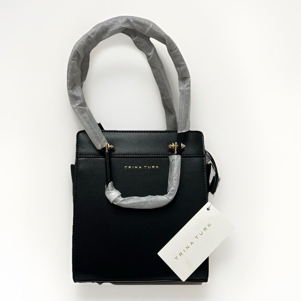 Trina Turk Petite Satchel Double Handle Purse Black Leather Square Elegant NWT